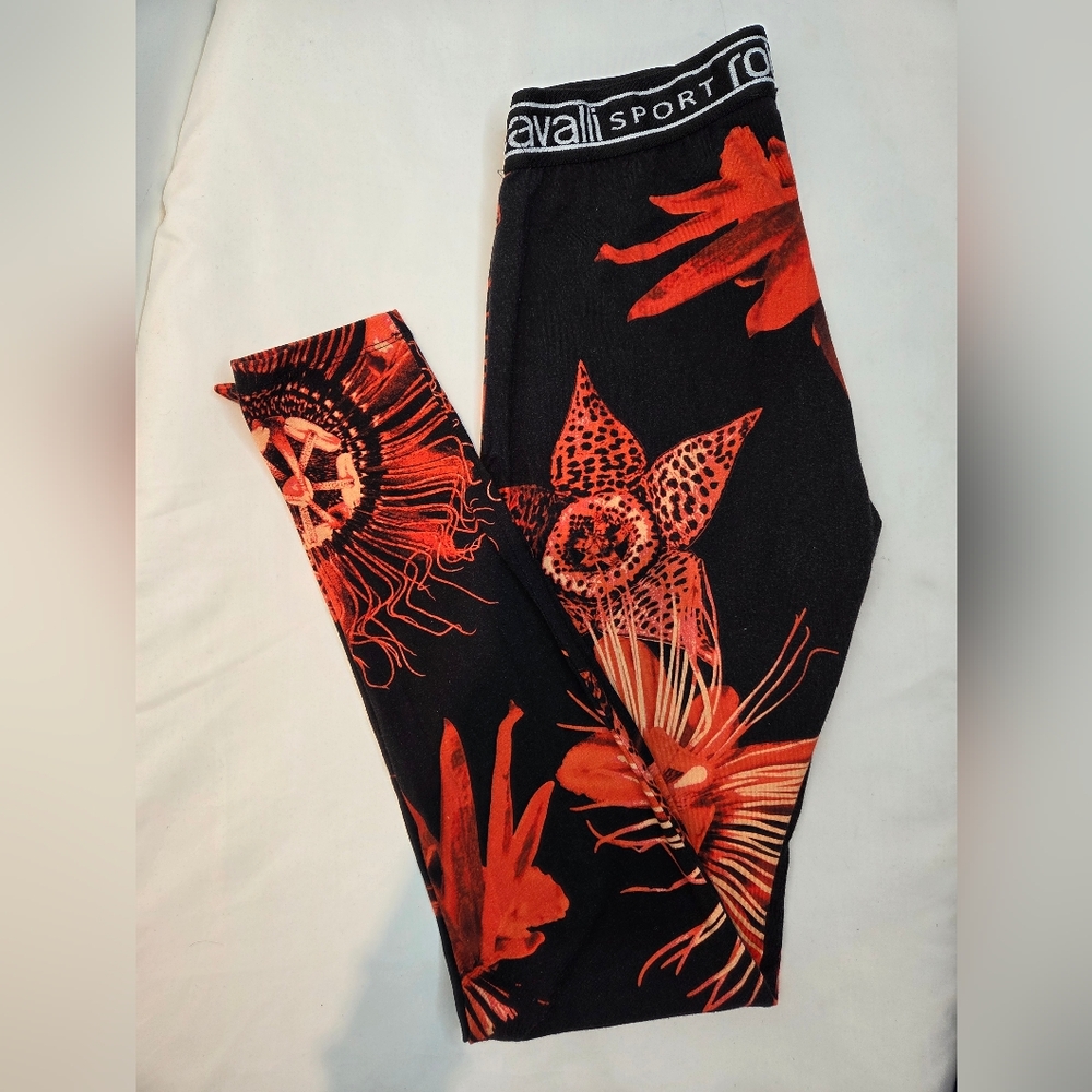 Roberto Cavalli Size M Woman Black And Orange Floral Knitted Leggings